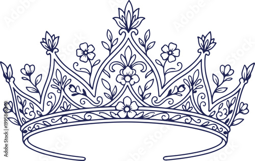 Elegant floral crown line art illustration for royal branding