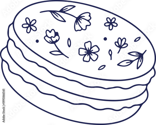 Minimalist hand drawn floral macaron line art illustration for bakery