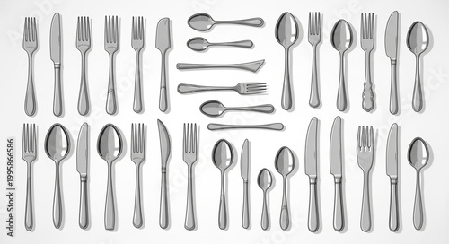 Collection of Shiny Silver Cutlery and Utensils Arranged Neatly.