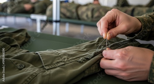 Military uniform repair with soldier stitching sleeve in barracks while fellow troops rest. Sewing uniform details highlight essential skills for military readiness and teamwork in armed forces.
