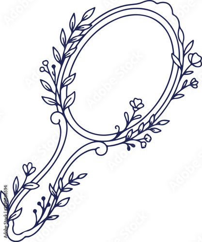 Vintage Hand Mirror with Floral Line Art Illustration