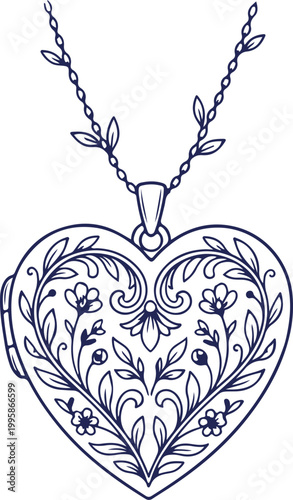 Vintage Heart Locket Necklace with Floral Design Line Art