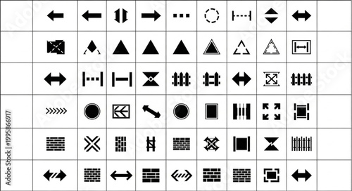 Collection of various directional and symbolic icons and symbols.