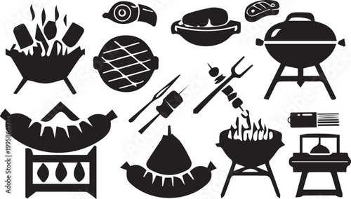 Barbecue grill icons and accessories collection in black and white
