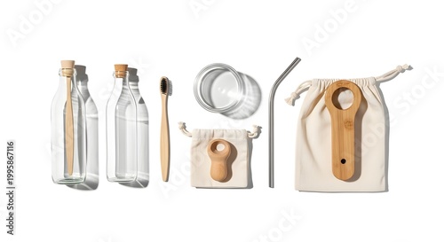 A closeup of an isolated set of kitchen utensils, set of kitchen knives, and set of kitchen tools made of metal beside empty glass jars on a white background with nobody present