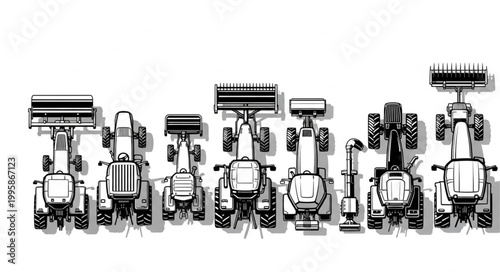 Collection of agricultural tractors viewed from above.
