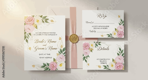 Elegant Wedding Invitation Suite with Floral Design and Gold Accents