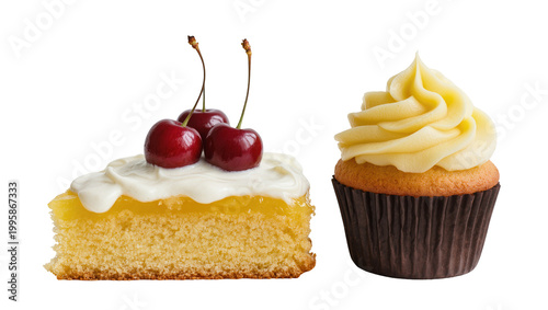 Yellow sponge cake slice with cream and cherries next to frosted cupcake