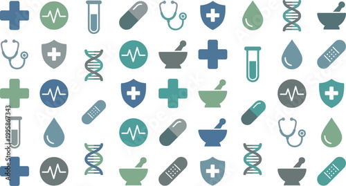 Medical icons representing healthcare services appear in a grid pattern on a clean white background.