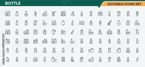 Bottle vector line icon set. Minimalist linear icons. Contains outline symbols like drink, container, eco, plastic water, water bottle. Art and illustration. Container linear icon set.