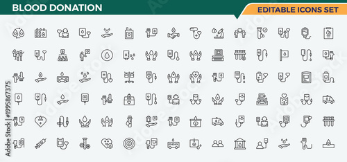 Blood Donation vector line icon set. Donor collection for mobile and web apps. Outline symbol collection. Donor icon set. Pictogram and infographic.