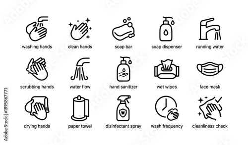 Hand hygiene and cleaning icons arranged in grid on white background