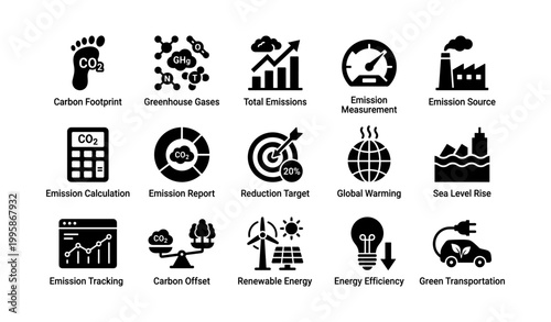 Carbon emissions and climate icons showing footprint and mitigation