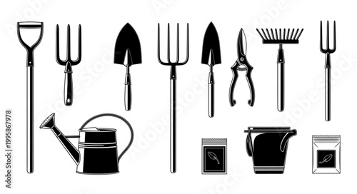 Collection of Garden Tools and Supplies Silhouette.