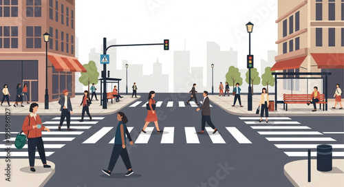 People crossing a busy city street at a crosswalk.