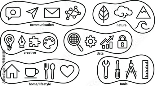 Category icons are grouped into organic shapes to organize communication, nature, creative, data, lifestyle, and tool concepts for professional presentations.