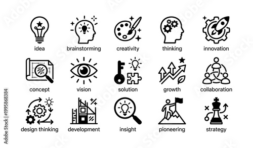 Idea and innovation icons arranged with labels on white background