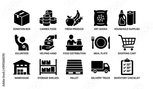 Donation and food distribution icons for pantry and warehouse