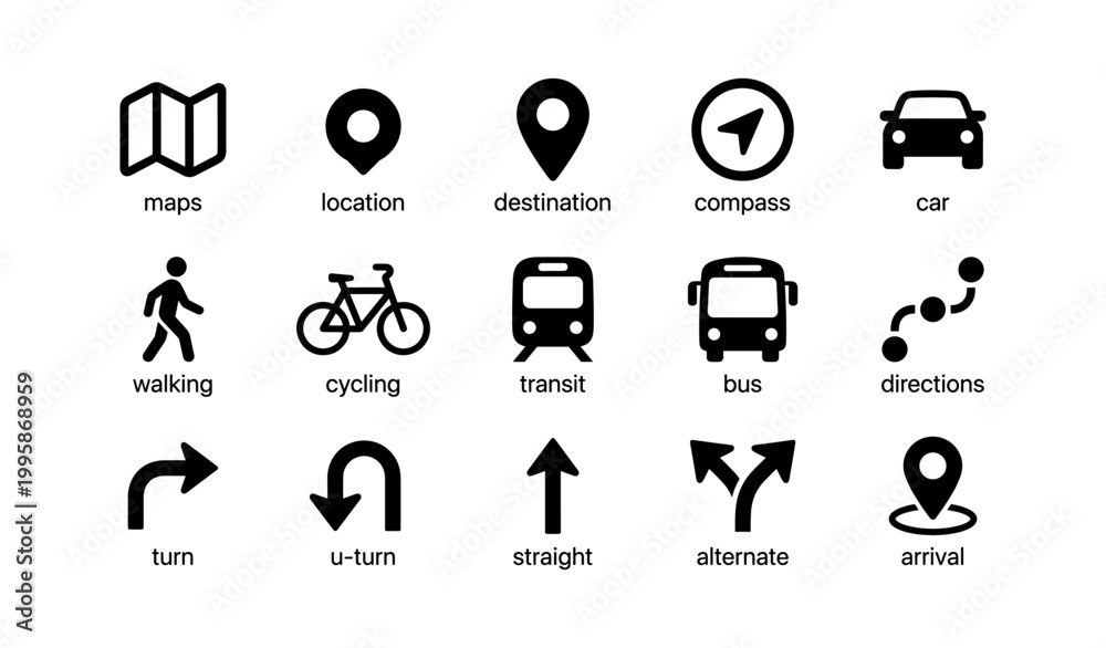 Fototapeta premium Navigation and transport icons arranged in grid on white background