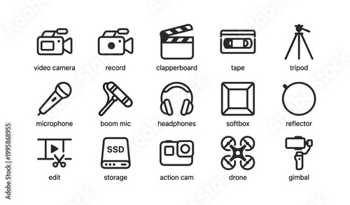 Video production equipment icons displayed in grid on white background