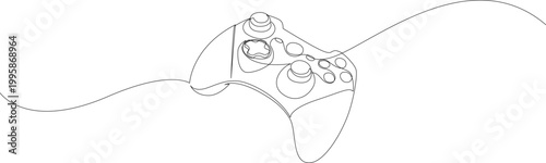 Linear continuous line illustration of a game controller in horizontal layout. Editable stroke vector for digital entertainment, gaming content and media visuals.
