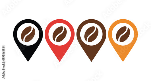 Coffee location icons with different colored map pins and coffee beans