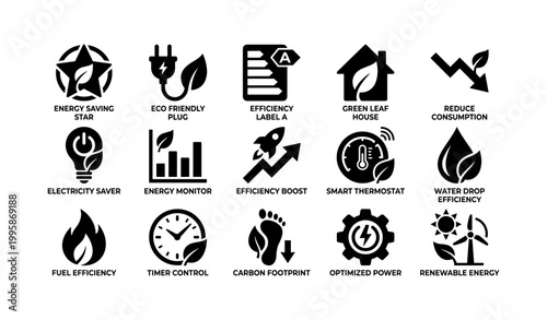 Energy and efficiency icons grid displaying eco symbols on white