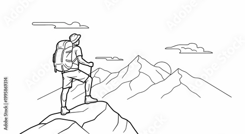 Line art illustration of a hiker on a mountain peak, enjoying a sunrise view over a mountain range. Adventure and success concept.
