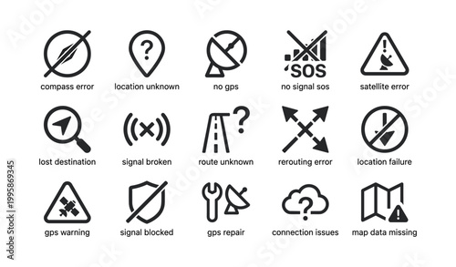 Gps and navigation error icons on white background grid