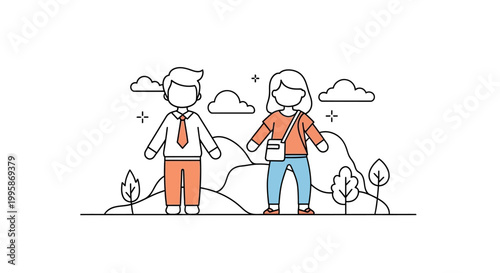 Modern minimalist line art illustration of two people standing in an outdoor landscape with hills and trees, flat design style
