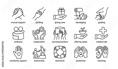 Support and care icons showing helping actions in grid layout
