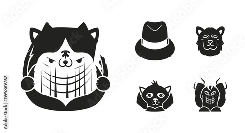Black and white vector icon set featuring a mischievous cat, a fedora hat, an angry dog head, a surprised animal, and a monster.