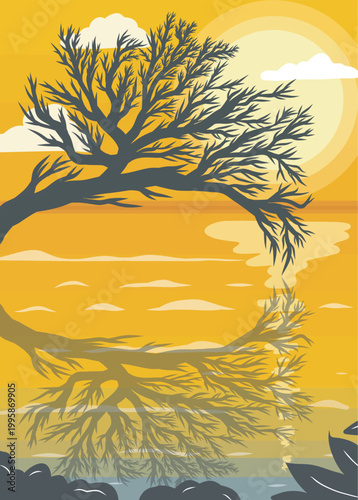 Tree and lake reflections in the sunset landscape