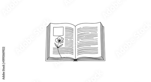 Hand drawn open book illustration with flower and text. Simple line art sketch for education, reading, learning, story concepts.