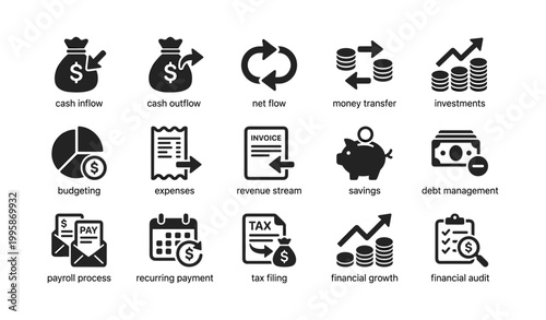 Financial and accounting icons showing cash flow and budgeting