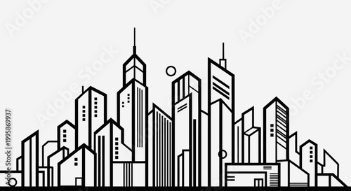 Modern city skyline line art illustration with minimalist black and white urban architecture and skyscrapers for design