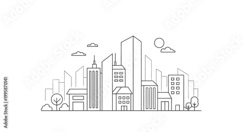Minimalist city skyline line art illustration. Modern urban landscape with tall buildings, trees, clouds, and sun. Simple outline vector.