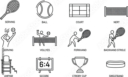 Tennis sport icons showing equipment and actions on court Keywords: serving, ball, court, nert, vollyes, forkhand, backhand strokle
