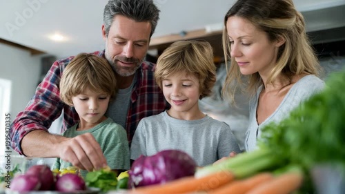 Tracking shot of family preparing vegetables together in home kitchen with parents guiding children at countertop