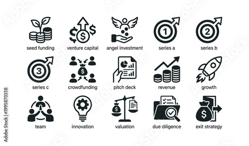 Startup funding icons arranged in grid on white background