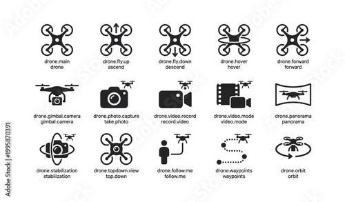 Drone operation and imaging icons arranged on white background
