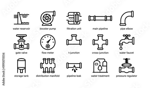 Water infrastructure icons arranged in grid on white background