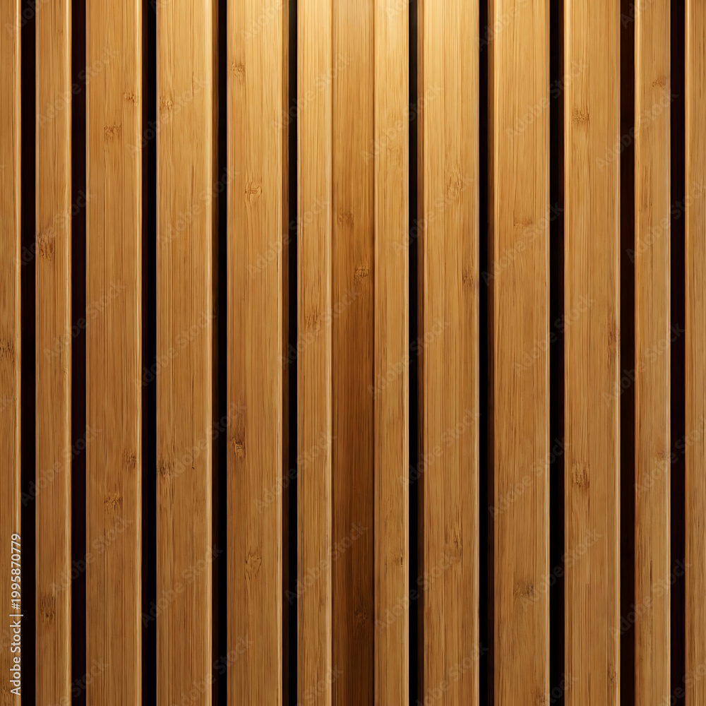 Obraz premium Brown bamboo slat wall with vertical panels and natural texture illuminated from above for a warm ambiance