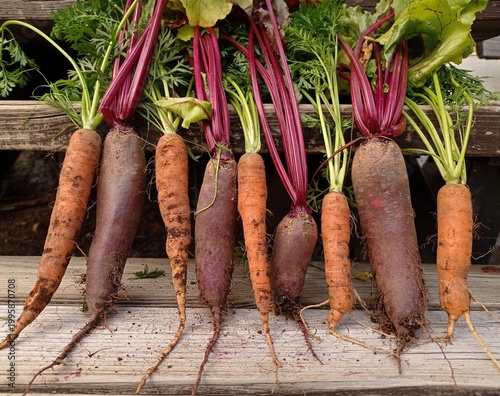 Quadro su tela A few carrots and beetroots in a row on a wooden shelf.