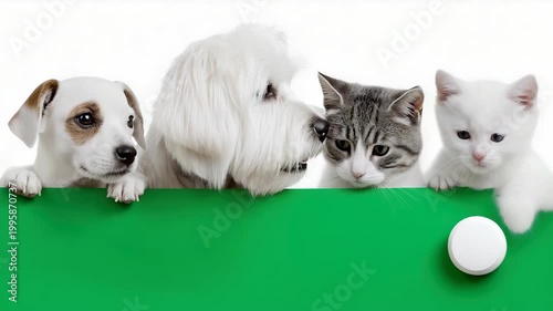 Static shot of dogs and cats peeking and interacting over green tabletop in studio with white background