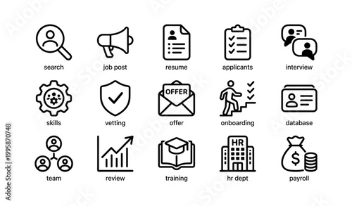 Recruitment and hr icons illustrating hiring process in grid