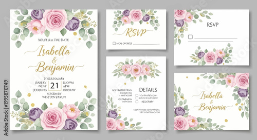 Wedding Invitation Suite with Floral Design - Roses and Eucalyptus