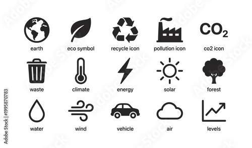 Environmental and sustainability icons set with labeled symbols