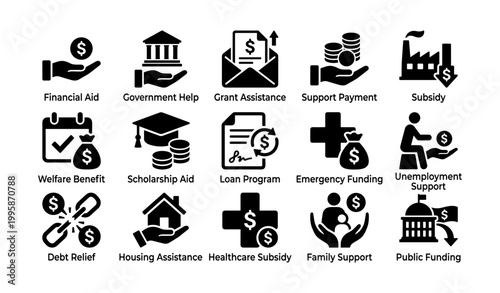 Social assistance icons showing aid categories in grid