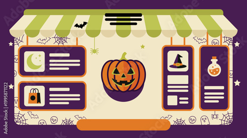Cute cartoon store front with green and white awning. Orange pumpkin smiles in center under striped canopy. Halloween decor includes bats, spiders, and witch hats